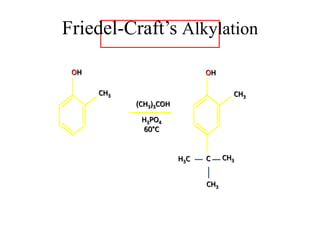 Friedel-Crafts Alkylation
OH
C
CH3
CH3H3C
CH3
H3PO4
60C
(CH3)3COH
OH
CH3
 