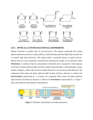 CH3
H
CH3
H
CH3
H
H
CH3
HOOC
H
COOH
H COOH
H
H
COOH
H
CH3
H
Cl
CH3
H
H
Cl
H
CHO
CHO
H
H
CHO
H
CHO
cis-1,2-
dimethylcycl
opropane
trans-1,2-
dimethylcycl
opropane
cis-cyclobutane-1,3-
dicarboxylic acid
trans-cyclobutane-
1,3-dicarboxylic
acid
cis-1-chloro-3-
methylcyclopentane
cis-cyclohexane-1,4-
dicarbaldehyde
trans-cyclohexane-
1,4-dicarbaldehyde
trans-1-chloro-3-
methylcyclopentan
e
4.5.2 OPTICAL (CONFIGURATIONAL) ISOMERISM:
Optical isomerism is another class of stereoisomerism. The organic compounds that exhibit
optical isomerism must have a unique ability to rotate the plane polarized light either towards left
or towards right hand directions. This unique ability is generally known as optical activity.
Optical activity of any compound is measured by analyzing the sample in an instrument called
Polarimeter. A solution of known concentration of optically active compound is when exposed
to the beam of plane polarized light, the beam of plane polarized light is rotated through a certain
number of degrees, either to the clockwise (right) direction or anti-clockwise (left) direction. The
compound which rotates the plane polarized light towards clockwise direction is called to be
dextrorotatory (represented by +); whereas, the compound which rotates the plane polarized
light towards anti-clockwise direction is called to be levorotatory (represented by -). Figure 1
shows the schematic representation of polarimeter.
Figure 1. Schematic representation of simple polarimeter
 