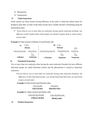 4) Metamerism
5) Tautomerism
1) Chain Isomerism:
Chain isomers are those isomers having difference in the order in which the carbon atoms are
bonded to each other. In other words chain isomers have variable amounts of branching along the
hydrocarbon chain.
If you observe two or more than two molecules having similar molecular formulae, but
difference in their hydrocarbon chain length, you should recognize them as chain isomers
of each other.
Example 2: Chain isomers of Butane (A) and Pentane (B)
C4H10
Butane
CH3CH2CH2CH3 CH3CHCH3
CH3
n-Butane Isobutane
C5H12
Pantane
CH3CH2CH2CH2CH3 CH3CHCH2CH3
CH3
CH3CCH3
CH3
n-Pantane Isopetane
CH3
Neopetane
A) B)
2) Functional Isomerism:
Two or more than two molecules those having the same molecular formulae but have different
functional groups are called functional isomers and the phenomenon is termed as functional
isomerism.
If you observe two or more than two molecules having same molecular formulae, but
difference in their functional groups, you should understand that these are functional
isomers of each other.
Example 3: Ethyl alcohol and Dimethyl ether
CH3CH2OH CH3OCH3
Ethyl alcohol Dimethyl ether
Example 4: n-Butyl alcohol and Diethyl ether
CH3CH2CH2CH2OH
n-Butayl alcohol
CH3CH2OCH2CH3
Diethyl ether
3) Position Isomerism:
 