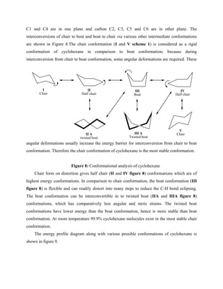 C1 and C4 are in one plane and carbon C2, C3, C5 and C6 are in other plane. The
interconversions of chair to boat and boat to chair via various other intermediate conformations
are shown in Figure 8.The chair conformation (I and V scheme 1) is considered as a rigid
conformation of cyclohexane in comparison to boat conformation; because during
interconversion from chair to boat conformation, some angular deformations are required. These
angular deformations usually increase the energy barrier for interconversion from chair to boat
conformation. Therefore the chair conformation of cyclohexane is the most stable conformation.
Figure 8: Conformational analysis of cyclohexane
Chair form on distortion gives half chair (II and IV figure 8) conformations which are of
highest energy conformations. In comparison to chair conformation, the boat conformation (III
figure 8) is flexible and can readily distort into many steps to reduce the C-H bond eclipsing.
The boat conformation can be interconvertible in to twisted boat (IIA and IIIA figure 8)
conformations, which has comparatively less angular and steric strains. The twisted boat
conformations have lower energy than the boat conformation, hence is more stable than boat
conformation. At room temperature 99.9% cyclohexane molecules exist in the most stable chair
conformation.
The energy profile diagram along with various possible conformations of cyclohexane is
shown in figure 9.
I
Chair
II
Half chair
III
Boat
IV
Half chair
V
Chair
II A
twisted boat
III A
Twisted boat
 