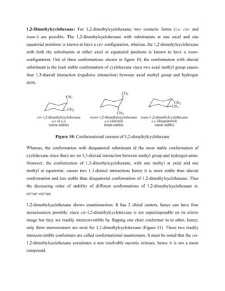 1,2-Dimethylcyclohexane: For 1,2-dimethylcyclohexane, two isomeric forms (i.e. cis- and
trans-) are possible. The 1,2-dimethylcyclohexane with substituents at one axial and one
equatorial positions is known to have a cis- configuration, whereas, the 1,2-dimethylcyclohexane
with both the substituents at either axial or equatorial positions is known to have a trans-
configuration. Out of three conformations shown in figure 10, the conformation with diaxial
substituent is the least stable conformation of cyclohexane since two axial methyl group causes
four 1,3-diaxial interaction (repulsive interaction) between axial methyl group and hydrogen
atom.
CH3
CH3
CH3
CH3
CH3
CH3
cis-1,2-dimethylcyclohexane
a,e or e,a
(more stable)
trans-1,2-dimethylcyclohexane
a,a (diaxial)
(least stable)
trans-1,2-dimethylcyclohexane
e,e (diequatorial)
(most stable)
Figure 10: Conformational isomers of 1,2-dimethylcyclohaxane
Whereas, the conformation with diequatorial substituent id the most stable conformation of
cyclohexane since there are no 1,3-diaxial interaction between methyl group and hydrogen atom.
However, the conformation of 1,2-dimethylcyclohaxane, with one methyl at axial and one
methyl at equatorial, causes two 1.3-diaxial interactions hence it is more stable than diaxial
conformation and less stable than diequatorial conformation of 1,2-dimethylcyclohaxane. Thus
the decreasing order of stability of different conformations of 1,2-dimethylcyclohexane is:
ee>ae~ea>aa.
1,2-dimethylcyclohexane shows enantiomerism. It has 2 chiral centers, hence can have four
stereoisomers possible, since cis-1,2-dimethylcyclohexane is not superimposable on its mirror
image but they are readily interconvertible by flipping one chair conformer in to other, hence,
only three stereoisomers are exist for 1,2-dimethylcyclohexane (Figure 11). These two readily
interconvertible conformers are called conformational enantiomers. It must be noted that the cis-
1,2-dimethylcyclohexane constitutes a non resolvable racemic mixture, hence it is not a meso
compound.
 
