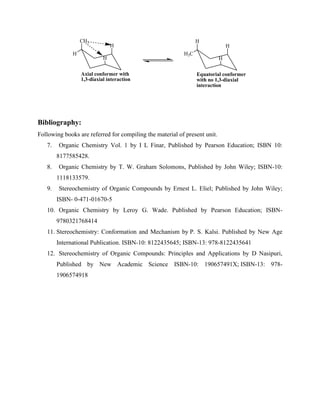 CH3
H
H
Axial conformer with
1,3-diaxial interaction
H
H
H
Equatorial conformer
with no 1,3-diaxial
interaction
H3C
H
Bibliography:
Following books are referred for compiling the material of present unit.
7. Organic Chemistry Vol. 1 by I L Finar, Published by Pearson Education; ISBN 10:
8177585428.
8. Organic Chemistry by T. W. Graham Solomons, Published by John Wiley; ISBN-10:
1118133579.
9. Stereochemistry of Organic Compounds by Ernest L. Eliel; Published by John Wiley;
ISBN- 0-471-01670-5
10. Organic Chemistry by Leroy G. Wade. Published by Pearson Education; ISBN-
9780321768414
11. Stereochemistry: Conformation and Mechanism by P. S. Kalsi. Published by New Age
International Publication. ISBN-10: 8122435645; ISBN-13: 978-8122435641
12. Stereochemistry of Organic Compounds: Principles and Applications by D Nasipuri,
Published by New Academic Science ISBN-10: 190657491X; ISBN-13: 978-
1906574918
 