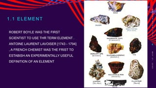 1.1 ELEMENT
ROBERT BOYLE WAS THE FIRST
SCIENTIST TO USE THR TERM ELEMENT .
ANTOINE LAURENT LAVOISER [1743 - 1794]
, A FRENCH CHEMIST WAS THE FRIST TO
ESTABISH AN EXPERIMENTALLY USEFUL
DEFINITION OF AN ELEMENT
P
R
E
S
E
N
T
A
T
I
O
N
T
I
T
L
E
4
M
A
Y
2
1
,
2
0
X
X
 