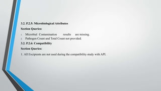 3.2. P.2.5: Microbiological Attributes
Section Queries:
1. Microbial Contamination results are missing.
2. Pathogen Count and Total Count not provided.
3.2. P.2.6: Compatibility
Section Queries:
1. All Excipients are not used during the compatibility study with API.
 