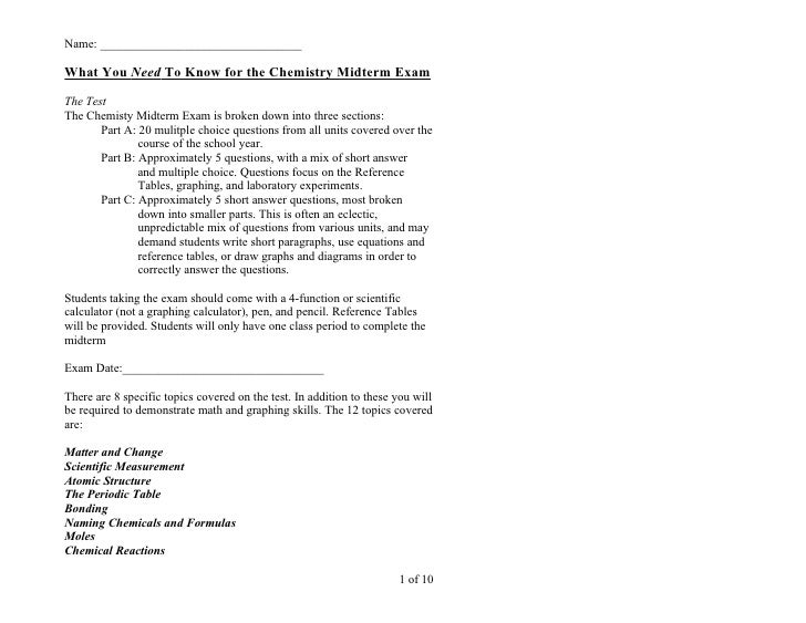 Chemistry Midterm Study Guide 2011