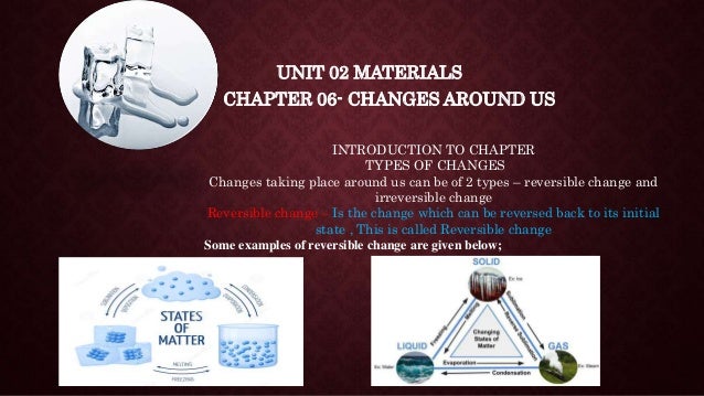 CHAPTER 06- CHANGES AROUND US
UNIT 02 MATERIALS
INTRODUCTION TO CHAPTER
TYPES OF CHANGES
Changes taking place around us can be of 2 types – reversible change and
irreversible change
Reversible change – Is the change which can be reversed back to its initial
state , This is called Reversible change
Some examples of reversible change are given below;
 