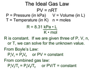 The Ideal Gas LawThe Ideal Gas Law
PV = nRT
P = Pressure (in kPa) V = Volume (in L)
T = Temperature (in K) n = moles
R = 8.31 kPa • L
K • mol
R is constant. If we are given three of P, V, n,
or T, we can solve for the unknown value.
From Boyle’s Law:
PiVi = PfVf or PV = constant
From combined gas law:
PiVi/Ti = PfVf/Tf or PV/T = constant
 