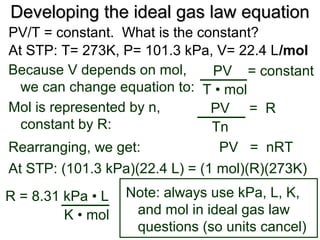 Developing the ideal gas law equationDeveloping the ideal gas law equation
PV/T = constant. What is the constant?
At STP: T= 273K, P= 101.3 kPa, V= 22.4 L/mol
PV = constant
T • mol
Mol is represented by n,
constant by R:
PV = R
Tn
Rearranging, we get: PV = nRT
Because V depends on mol,
we can change equation to:
At STP: (101.3 kPa)(22.4 L) = (1 mol)(R)(273K)
R = 8.31 kPa • L
K • mol
Note: always use kPa, L, K,
and mol in ideal gas law
questions (so units cancel)
 