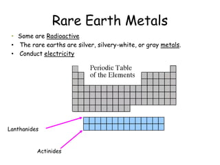 Rare Earth Metals
• Some are Radioactive
• The rare earths are silver, silvery-white, or gray metals.
• Conduct electricity
Lanthanides
Actinides
 