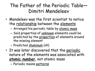 The Father of the Periodic Table—
Dimitri Mendeleev
• Mendeleev was the first scientist to notice
the relationship between the elements
– Arranged his periodic table by atomic mass
– Said properties of unknown elements could be
predicted by the properties of elements around
the missing element
– Predicted Aluminum (Al)
• It was later discovered that the periodic
nature of the elements was associated with
atomic number, not atomic mass
– Periodic means patterns
 