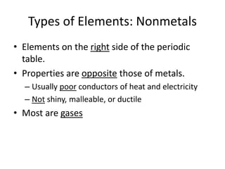 Types of Elements: Nonmetals
• Elements on the right side of the periodic
table.
• Properties are opposite those of metals.
– Usually poor conductors of heat and electricity
– Not shiny, malleable, or ductile
• Most are gases
 