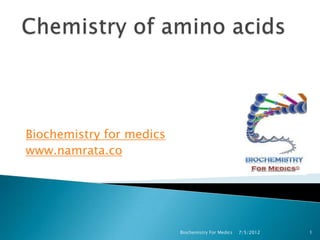 Biochemistry for medics
www.namrata.co




                          Biochemistry For Medics   7/5/2012   1
 