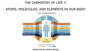 THE CHEMISTRY OF LIFE !!
ATOMS, MOLECULES, AND ELEMENTS IN OUR BODY
COMPILED BY HOWIE BAUM
 