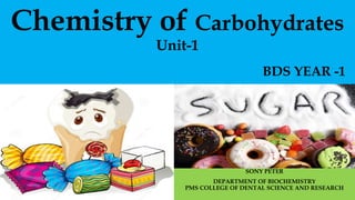 Chemistry of Carbohydrates
Unit-1
BDS YEAR -1
SONY PETER
DEPARTMENT OF BIOCHEMISTRY
PMS COLLEGE OF DENTAL SCIENCE AND RESEARCH
 