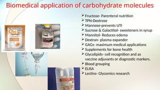 Biomedical application of carbohydrate molecules
Fructose- Parenteral nutrition
TPN-Dextrose
Mannose-prevents UTI
Sucrose & Galactitol- sweeteners in syrup
Mannitol- Reduces edema
Dextran- plasma expander
GAGs- maximum medical applications
Supplements for bone health
Glycolipids- cell recognition and as
vaccine adjuvants or diagnostic markers.
Blood grouping
ELISA
Lectins- Glycomics research
 