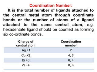 Oxidation number:
It is the charge which the central atom
appears to have if all the ligands are removed
along with the el...