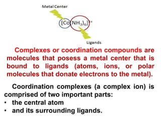 THE CENTRAL ATOM
It is can be:
• any metallic ion (usually a transition d- or f-
metal);
• nonmetals (B, Si);
• p-element ...