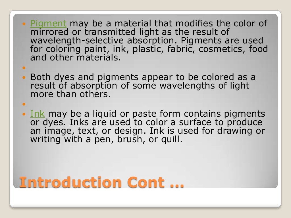Chemistry of inks, dyes and pigments