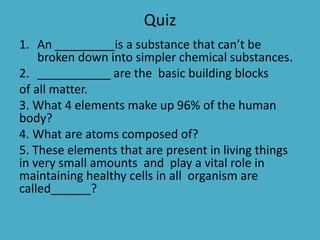 chemistry of life quiz