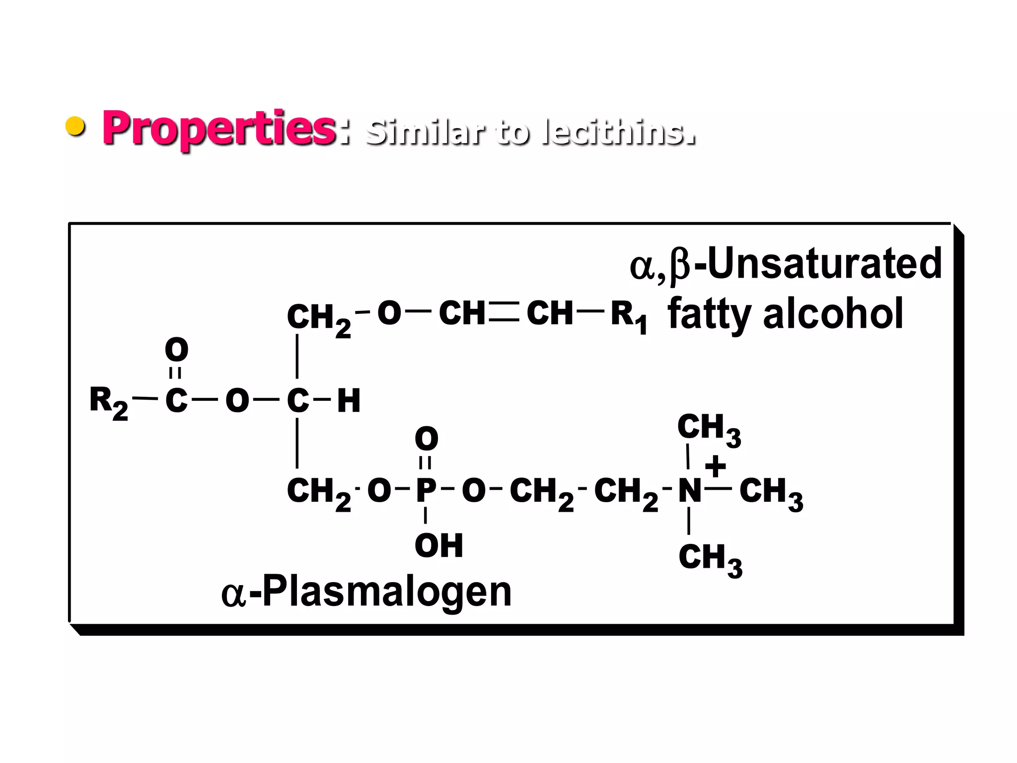 • Properties: Similar to lecithins.
CH2
C H
O
CH2
C
O P
R2
O
-Plasmalogen
O
OH
O
CH2 CH2 N
CH3
CH3
CH3
+
-Unsaturated
fatty alcohol
CH CH R1
O
 