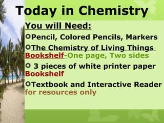 Today in Chemistry
 You will Need:
 Pencil, Colored Pencils, Markers
 The Chemistry of Living Things
 Bookshelf-One page, Two sides
  3 pieces of white printer paper
 Bookshelf
 Textbook and Interactive Reader
 for resources only
 