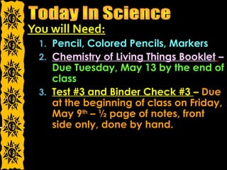 You will Need:
1. Pencil, Colored Pencils, Markers
2. Chemistry of Living Things Booklet –
Due Tuesday, May 13 by the end of
class
3. Test #3 and Binder Check #3 – Due
at the beginning of class on Friday,
May 9th
– ½ page of notes, front
side only, done by hand.
 