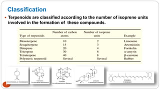 Classification
7
 Terpenoids are classified according to the number of isoprene units
involved in the formation of these ...