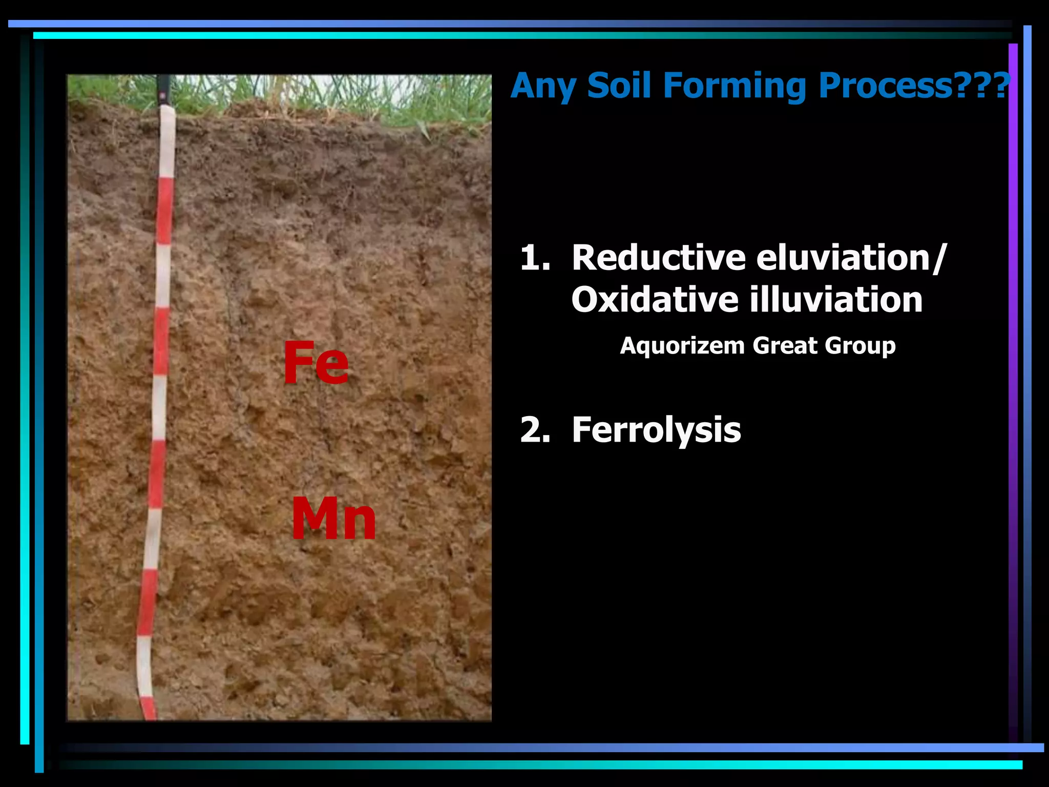 Any Soil Forming Process???
1. Reductive eluviation/
Oxidative illuviation
Aquorizem Great Group
Mn
Fe
2. Ferrolysis
 