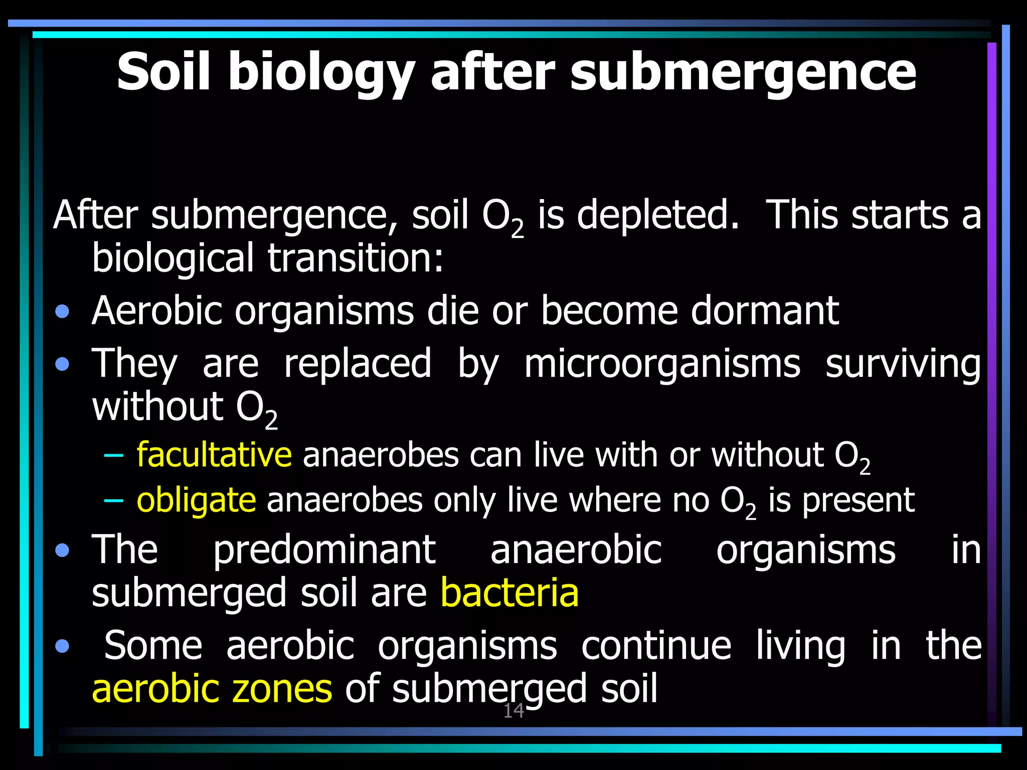 14
Soil biology after submergence
After submergence, soil O2 is depleted. This starts a
biological transition:
• Aerobic organisms die or become dormant
• They are replaced by microorganisms surviving
without O2
– facultative anaerobes can live with or without O2
– obligate anaerobes only live where no O2 is present
• The predominant anaerobic organisms in
submerged soil are bacteria
• Some aerobic organisms continue living in the
aerobic zones of submerged soil
 