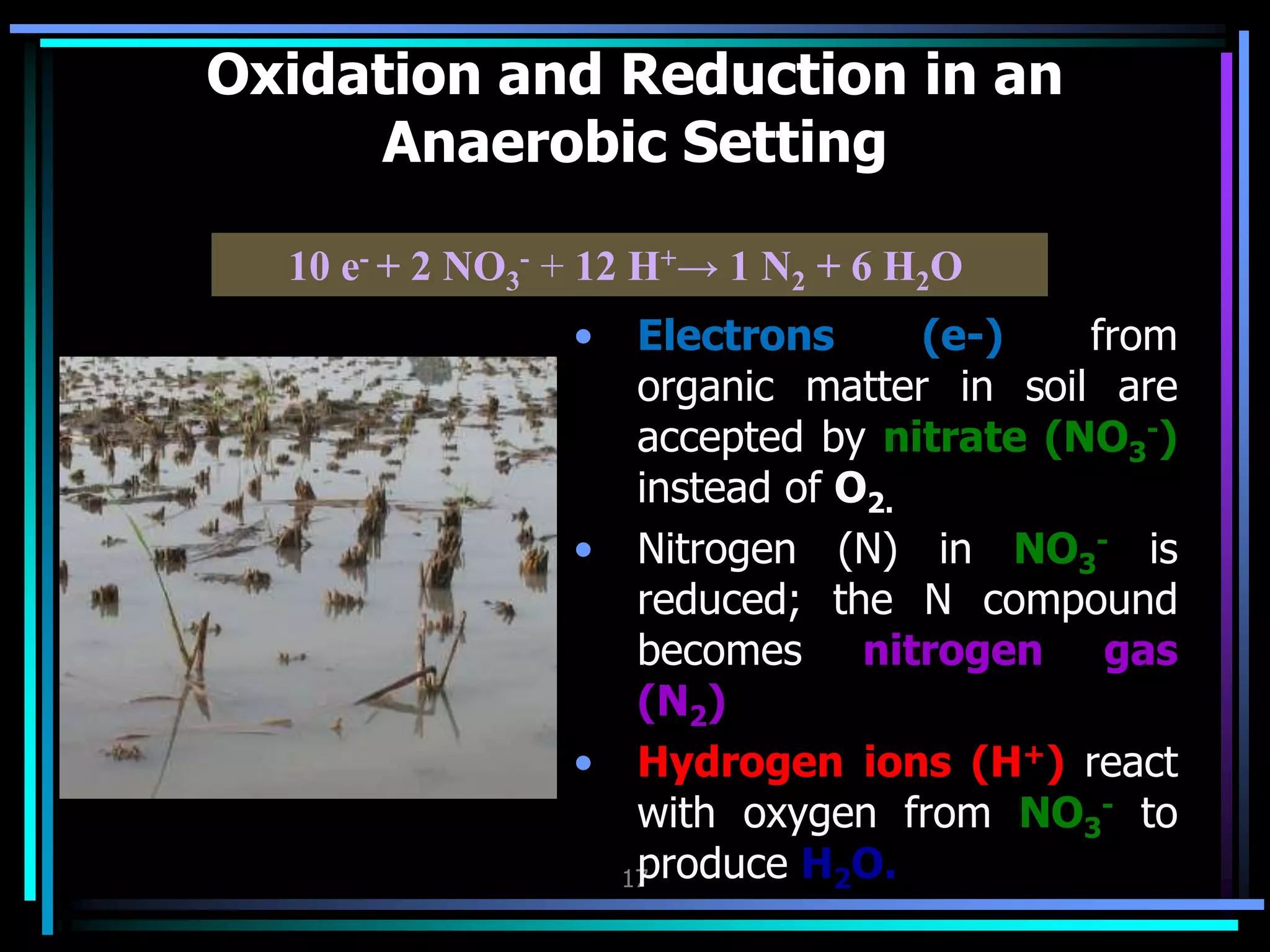 17
Oxidation and Reduction in an
Anaerobic Setting
• Electrons (e-) from
organic matter in soil are
accepted by nitrate (NO3
-)
instead of O2.
• Nitrogen (N) in NO3
- is
reduced; the N compound
becomes nitrogen gas
(N2)
• Hydrogen ions (H+) react
with oxygen from NO3
- to
produce H2O.
10 e- + 2 NO3
- + 12 H+→ 1 N2 + 6 H2O
 