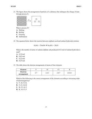 SULIT 4541/1
7
21. The figure shows the arrangement of particles of a substance that undergoes the change of state
through process X.
What is process X?
A. Melting
B. Boiling
C. Freezing
D. Sublimation
22. The equation below shows the reaction between sulphuric acid and sodium hydroxide solution.
H2SO4 + 2NaOH  Na2SO4 + 2H2O
What is the number of moles of sodium sulphate salt produced if 0.2 mol of sodium hydroxide is
used?
A. 0.10 mol
B. 0.05 mol
C. 0.22 mol
D. 0.25 mol
23. The table shows the electron arrangements of atoms of four elements.
Element F Al Cl K
Electron
arrangement
2.7 2.8.3 2.8.7 2.8.8.1
Which of the following is the correct arrangement of the elements according to increasing order
of electronegativity?
A. F, Al, Cl, K
B. F, Cl, Al, K
C. K, Cl, Al, F
D. K, Al, Cl, F
 