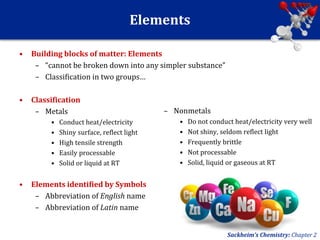 Elements
• Building blocks of matter: Elements
– “cannot be broken down into any simpler substance”
– Classification in two groups…
• Classification
– Metals
• Conduct heat/electricity
• Shiny surface, reflect light
• High tensile strength
• Easily processable
• Solid or liquid at RT
• Elements identified by Symbols
– Abbreviation of English name
– Abbreviation of Latin name
Sackheim’s Chemistry: Chapter 2
– Nonmetals
• Do not conduct heat/electricity very well
• Not shiny, seldom reflect light
• Frequently brittle
• Not processable
• Solid, liquid or gaseous at RT
 