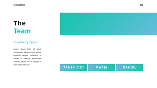 CHEMISTRY
TA N I A C I C I M A R I A DA N I E L
The
Team
Chemistry Team
Lorem ipsum dolor sit amet,
consectetur adipiscing elit, sed do
eiusmod tempor incididunt ut
labore et nostrud exercitation
ullamco laboris nisi ut aliquip ex
anim id est laborum.
 