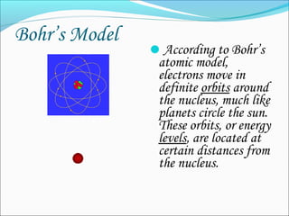 Bohr’s Model
According to Bohr’s
atomic model,
electrons move in
definite orbits around
the nucleus, much like
planets circle the sun.
These orbits, or energy
levels, are located at
certain distances from
the nucleus.
 