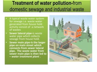 Treatment of water pollution-from
domestic sewage and industrial waste
• A typical waste water system
for sewage i.e. waste water
generated from house hold
activity consist of a network
of wastes
• Sewer lateral pipe-is waste
water pipe which collects
sewage from house hold.
• Sewer main pipe-is the larger
pipe on main street which
connects from sewer lateral
pipe. The waste water from
sewer main pipe is then led to
– water treatment plant .
 