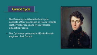  The Carnot cycle is hypothetical cycle
consists of four processes as two reversible
isothermal process and two reversible
adiabatic process.
 The Cycle was proposed in 1824 by French
engineer, Sadi Carnot.
Carnot Cycle
 