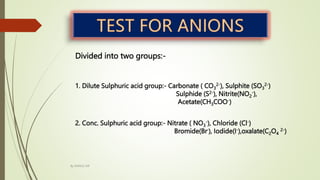 Divided into two groups:-
1. Dilute Sulphuric acid group:- Carbonate ( CO3
2-), Sulphite (SO3
2-)
Sulphide (S2-), Nitrite(NO2
-),
Acetate(CH3COO-)
2. Conc. Sulphuric acid group:- Nitrate ( NO3
-), Chloride (Cl-)
Bromide(Br-), Iodide(I-),oxalate(C2O4
2-)
By MANOJ SIR
 