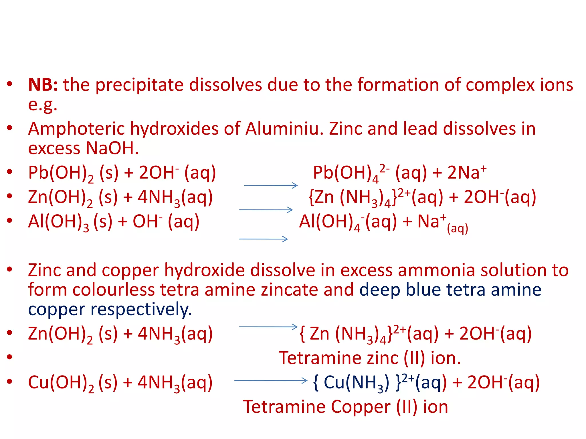 • NB: the precipitate dissolves due to the formation of complex ions
e.g.
• Amphoteric hydroxides of Aluminiu. Zinc and lead dissolves in
excess NaOH.
• Pb(OH)2 (s) + 2OH- (aq) Pb(OH)4
2- (aq) + 2Na+
• Zn(OH)2 (s) + 4NH3(aq) {Zn (NH3)4}2+(aq) + 2OH-(aq)
• Al(OH)3 (s) + OH- (aq) Al(OH)4
-(aq) + Na+
(aq)
• Zinc and copper hydroxide dissolve in excess ammonia solution to
form colourless tetra amine zincate and deep blue tetra amine
copper respectively.
• Zn(OH)2 (s) + 4NH3(aq) { Zn (NH3)4}2+(aq) + 2OH-(aq)
• Tetramine zinc (II) ion.
• Cu(OH)2 (s) + 4NH3(aq) { Cu(NH3) }2+(aq) + 2OH-(aq)
Tetramine Copper (II) ion
 