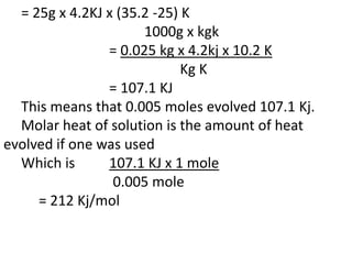 = 25g x 4.2KJ x (35.2 -25) K
1000g x kgk
= 0.025 kg x 4.2kj x 10.2 K
Kg K
= 107.1 KJ
This means that 0.005 moles evolved 107.1 Kj.
Molar heat of solution is the amount of heat
evolved if one was used
Which is 107.1 KJ x 1 mole
0.005 mole
= 212 Kj/mol
 