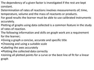 The dependency of a given factor is investigated if the rest are kept
constant.
Determination of rates of reactions involves measurements of; time,
temperature, volume and the mass of reactants or products.
For good results the learner must be able to use calibrated instruments
accurately.
Plotting of graphs using data collected is a common feature in the study
of rates of reaction.
The following information and skills on graph work are a requirement
for the learner;
•Giving a graph a concise, accurate and specific title
•Choosing and using a suitable scale
•Labeling the axes accurately
•Plotting the collected data correctly
•Joining all plotted points for a curve or the best line of fit for a linear
graph
 