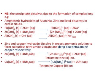 • NB: the precipitate dissolves due to the formation of complex ions
e.g.
• Amphoteric hydroxides of Aluminiu. Zinc and lead dissolves in
excess NaOH.
• Pb(OH)2 (s) + 2OH- (aq) Pb(OH)4
2- (aq) + 2Na+
• Zn(OH)2 (s) + 4NH3(aq) {Zn (NH3)4}2+(aq) + 2OH-(aq)
• Al(OH)3 (s) + OH- (aq) Al(OH)4
-(aq) + Na+
(aq)
• Zinc and copper hydroxide dissolve in excess ammonia solution to
form colourless tetra amine zincate and deep blue tetra amine
copper respectively.
• Zn(OH)2 (s) + 4NH3(aq) { Zn (NH3)4}2+(aq) + 2OH-(aq)
• Tetramine zinc (II) ion.
• Cu(OH)2 (s) + 4NH3(aq) { Cu(NH3) }2+(aq) + 2OH-(aq)
Tetramine Copper (II) ion
 