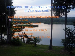 REDUCING THE ACIDITY UN THE LAKES, RIVER AND SOIL It can be reduced with the following chemicals Calcium oxide CaO + 2H +   ->  Ca 2+  + H 2 O Calcium hydroxide Ca(OH) 2  + 2H +   ->  Ca 2+  + 2H 2 O Calcium carbonate CaCO 3  + 2H +   ->  Ca 2+  + H 2 O + CO 2 