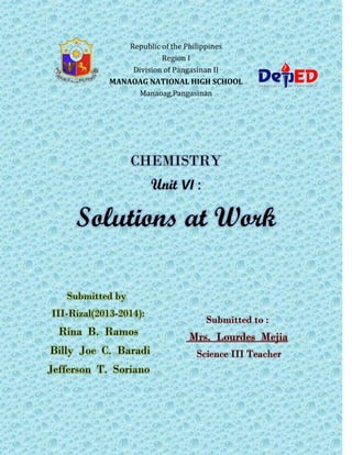 Republic of the Philippines
Region I
Division of Pangasinan II
MANAOAG NATIONAL HIGH SCHOOL
Manaoag,Pangasinan

CHEMISTRY
Unit VI :

Solutions at Work
Submitted by

III-Rizal(2013-2014):

Rina B. Ramos
Billy Joe C. Baradi
Jefferson T. Soriano

Submitted to :

Mrs. Lourdes Mejia
Science III Teacher

 