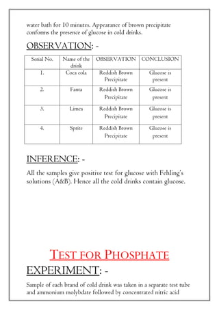 water bath for 10 minutes. Appearance of brown precipitate
conforms the presence of glucose in cold drinks.
OBSERVATION: -
INFERENCE: -
All the samples give positive test for glucose with Fehling’s
solutions (A&B). Hence all the cold drinks contain glucose.
TEST FOR PHOSPHATE
EXPERIMENT: -
Sample of each brand of cold drink was taken in a separate test tube
and ammonium molybdate followed by concentrated nitric acid
Serial No. Name of the
drink
OBSERVATION CONCLUSION
1. Coca cola Reddish Brown
Precipitate
Glucose is
present
2. Fanta Reddish Brown
Precipitate
Glucose is
present
3. Limca Reddish Brown
Precipitate
Glucose is
present
4. Sprite Reddish Brown
Precipitate
Glucose is
present
 