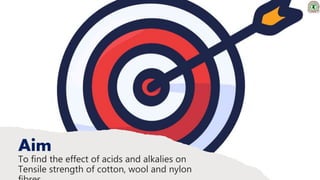 Aim
To find the effect of acids and alkalies on
Tensile strength of cotton, wool and nylon
 