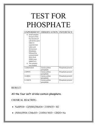 TEST FOR
PHOSPHATE
RESULT:
All the four soft drinks contain phosphate.
CHEMICAL REACTION:-
 NaHPO4+ 12(NH4)2MoO4+ 21HNO3+ H2
 (NH4)3PO4.12MoO3+ 21HN4 NO3+ 12H2O+Na
 