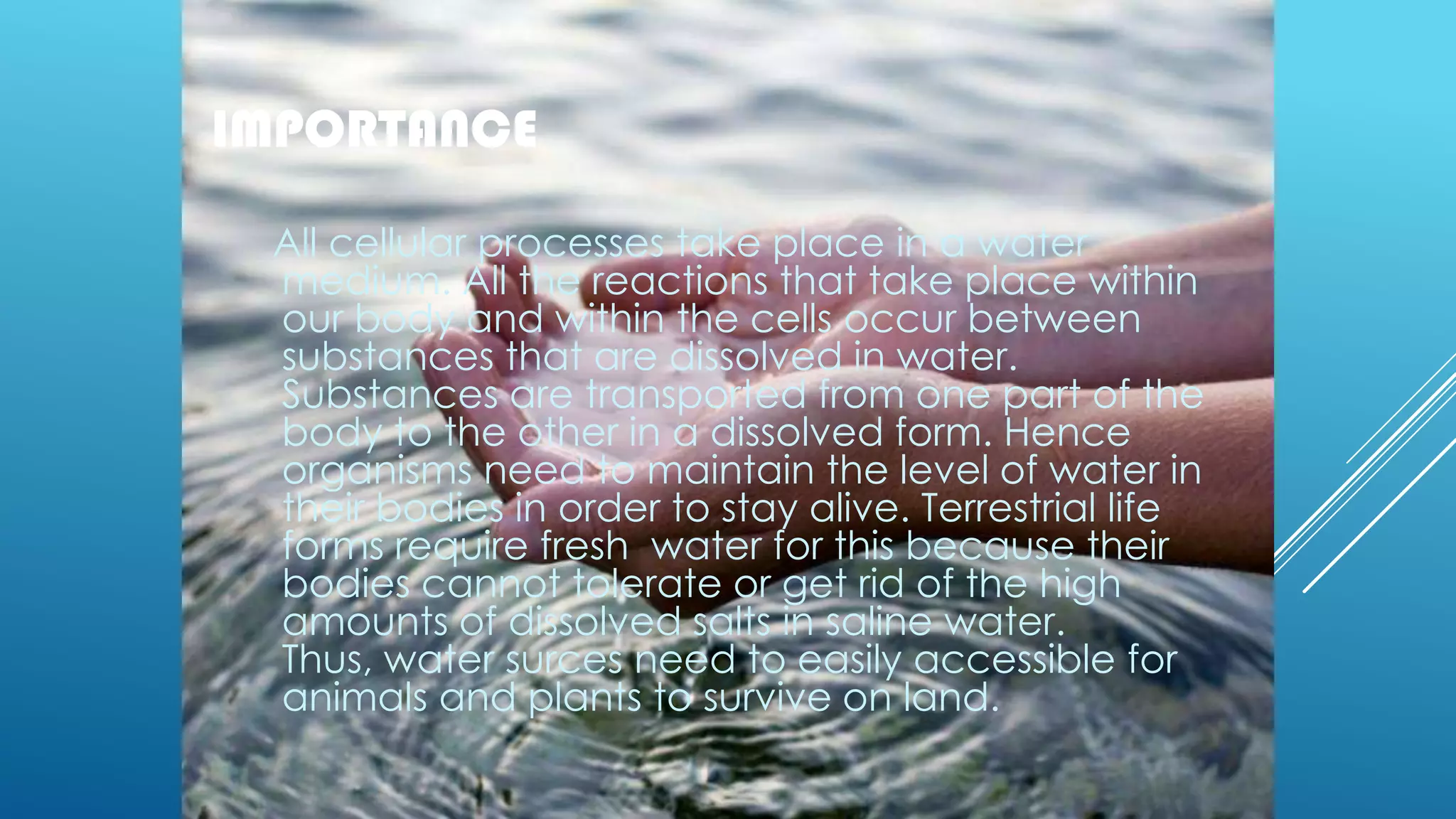 IMPORTANCE
All cellular processes take place in a water
medium. All the reactions that take place within
our body and within the cells occur between
substances that are dissolved in water.
Substances are transported from one part of the
body to the other in a dissolved form. Hence
organisms need to maintain the level of water in
their bodies in order to stay alive. Terrestrial life
forms require fresh water for this because their
bodies cannot tolerate or get rid of the high
amounts of dissolved salts in saline water.
Thus, water surces need to easily accessible for
animals and plants to survive on land.
 