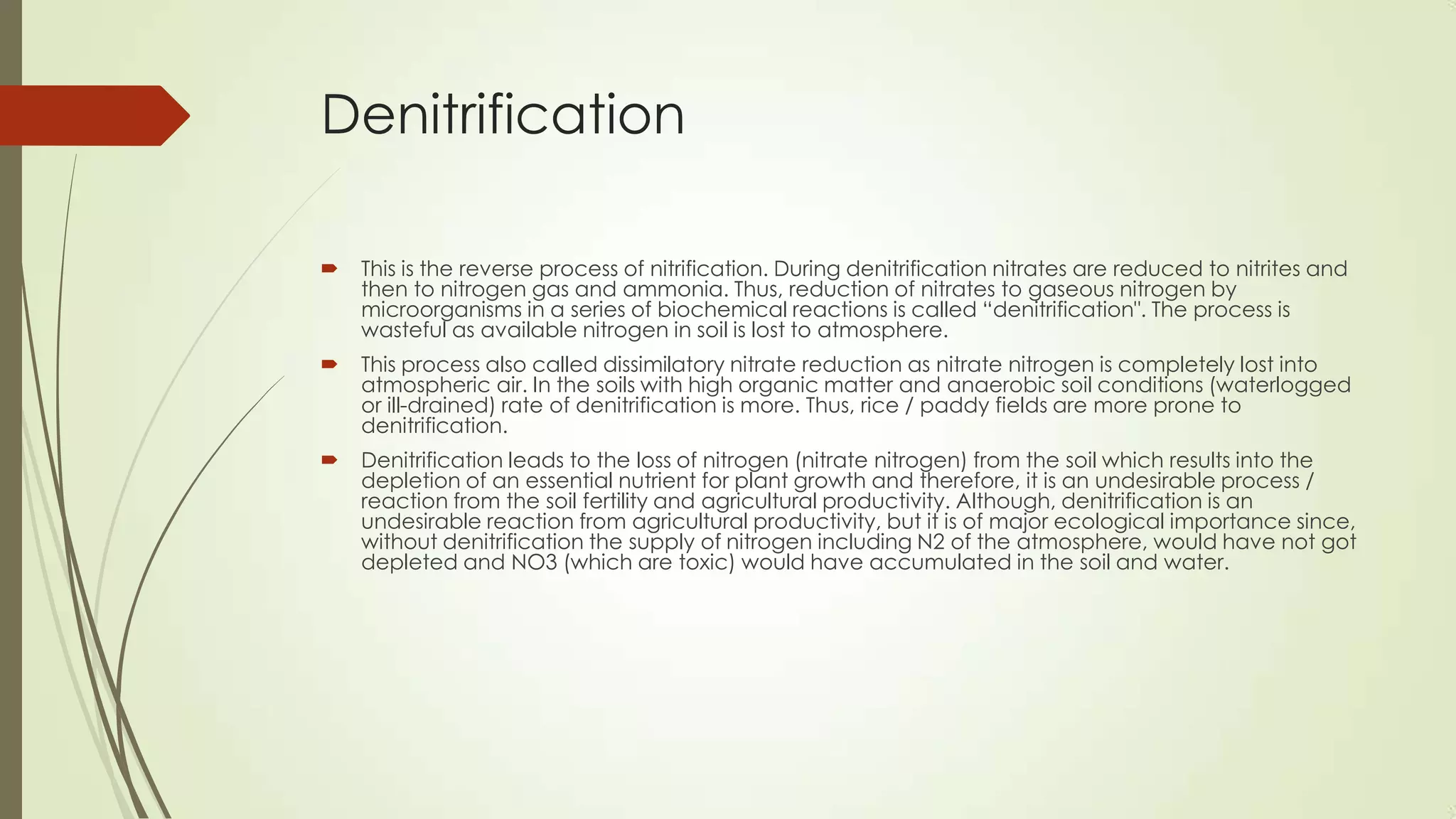 Denitrification
 This is the reverse process of nitrification. During denitrification nitrates are reduced to nitrites and
then to nitrogen gas and ammonia. Thus, reduction of nitrates to gaseous nitrogen by
microorganisms in a series of biochemical reactions is called ―denitrification". The process is
wasteful as available nitrogen in soil is lost to atmosphere.
 This process also called dissimilatory nitrate reduction as nitrate nitrogen is completely lost into
atmospheric air. In the soils with high organic matter and anaerobic soil conditions (waterlogged
or ill-drained) rate of denitrification is more. Thus, rice / paddy fields are more prone to
denitrification.
 Denitrification leads to the loss of nitrogen (nitrate nitrogen) from the soil which results into the
depletion of an essential nutrient for plant growth and therefore, it is an undesirable process /
reaction from the soil fertility and agricultural productivity. Although, denitrification is an
undesirable reaction from agricultural productivity, but it is of major ecological importance since,
without denitrification the supply of nitrogen including N2 of the atmosphere, would have not got
depleted and NO3 (which are toxic) would have accumulated in the soil and water.
 