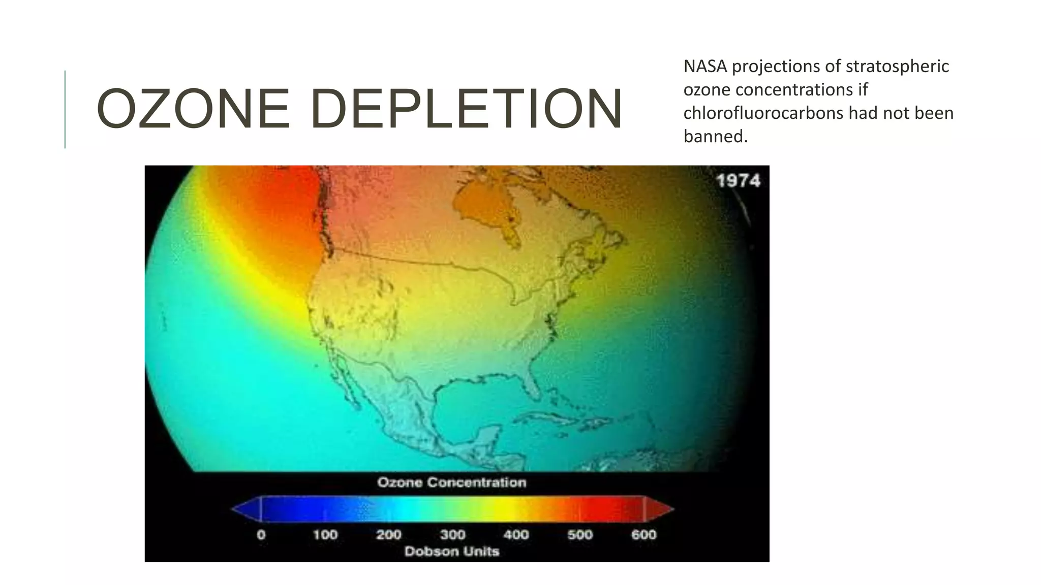 OZONE DEPLETION
NASA projections of stratospheric
ozone concentrations if
chlorofluorocarbons had not been
banned.
 