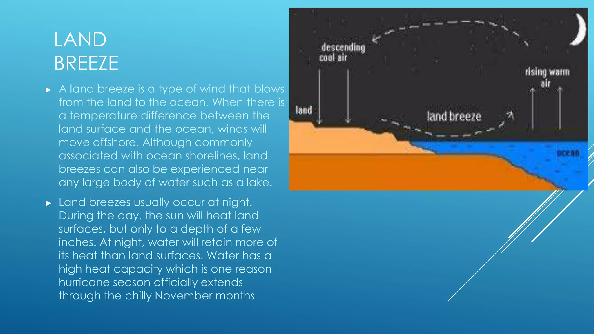 LAND
BREEZE
► A land breeze is a type of wind that blows
from the land to the ocean. When there is
a temperature difference between the
land surface and the ocean, winds will
move offshore. Although commonly
associated with ocean shorelines, land
breezes can also be experienced near
any large body of water such as a lake.
► Land breezes usually occur at night.
During the day, the sun will heat land
surfaces, but only to a depth of a few
inches. At night, water will retain more of
its heat than land surfaces. Water has a
high heat capacity which is one reason
hurricane season officially extends
through the chilly November months
 